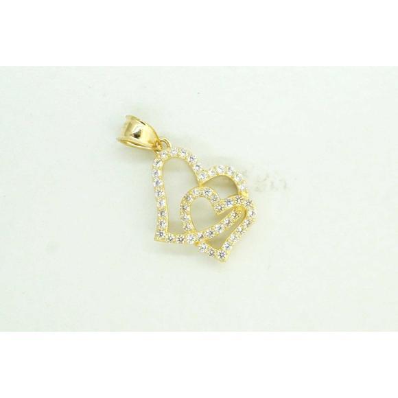 Estate Sale 14k Yellow Gold Double Heart Pendant Cubic Zirconia Gemstone Vintage
